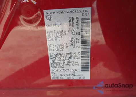 2018 Nissan Rogue Sv z USA, uszkodzony, nr VIN 5N1AT2MT7JC730365